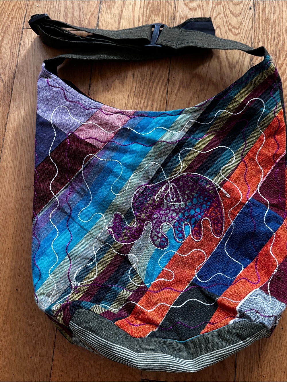 Boho Elephant Embroidered Hobo crossbody bag 100% cotton zips pockets